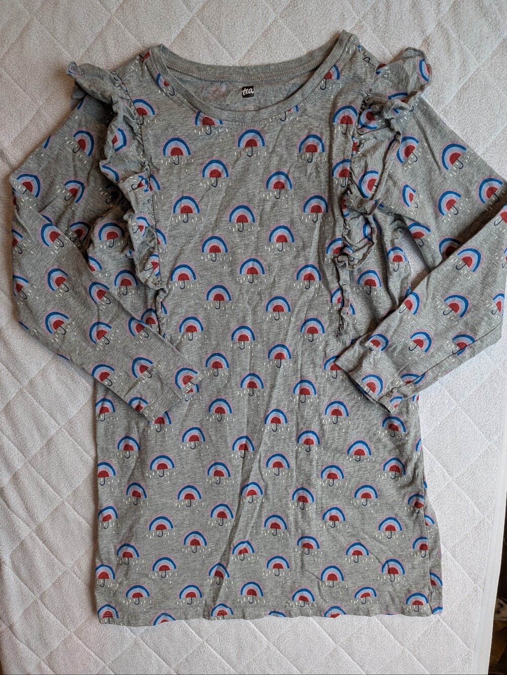 Tea Collection Grey Rainbow Umbrella Ruffle Long Sleeve Dress Girls Size 12